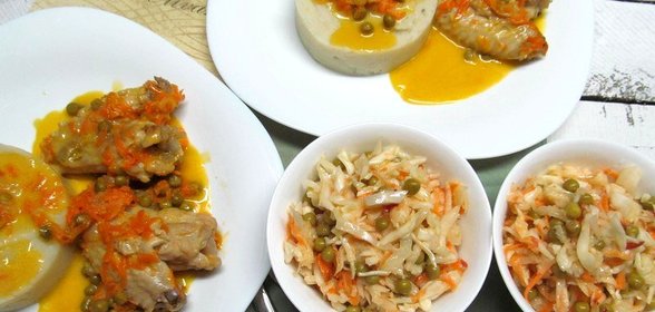 Куриные крылышки с консервированным горошком и легким салатом