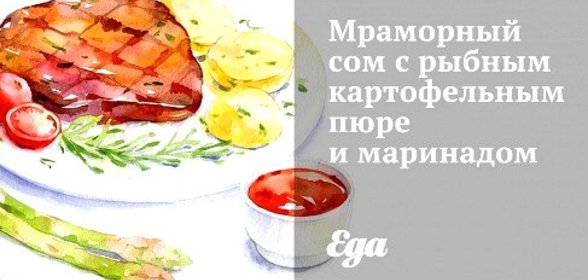 Мраморный сом с рыбным картофельным пюре и маринадом