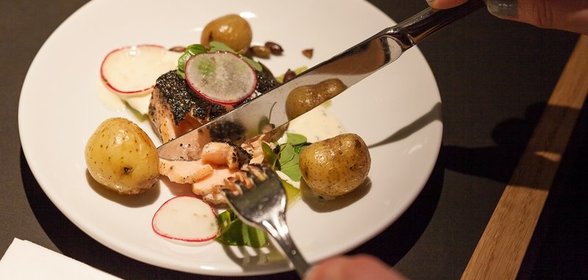 Филе спинки норвежской семги, жареное в золе из бурых водорослей, с огуречным желе