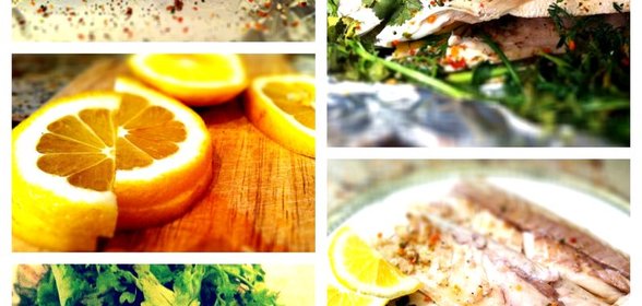 Запеченный сибас с травами и шпинатом