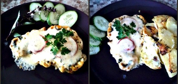 Нежная отбивная из куриной грудки под овощами с сыром и оливками