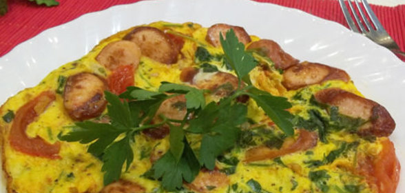 Яичница с сосисками и помидорами