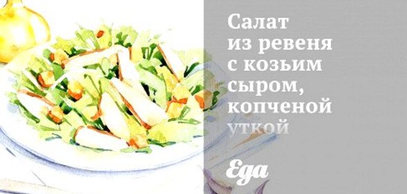 Салат из ревеня с козьим сыром, копченой уткой