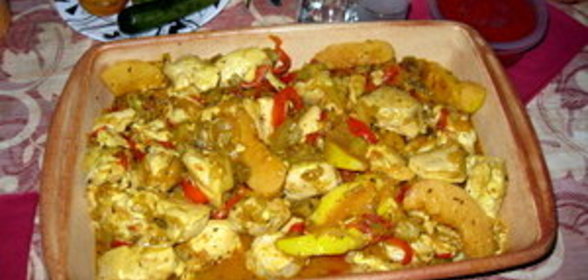 Куриная грудинка с айвой и баклажаном