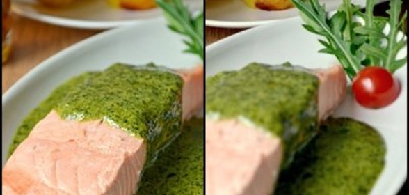 Сальмоне шпиначе(Лосось на парУ со сливочно-шпинатным соусом)