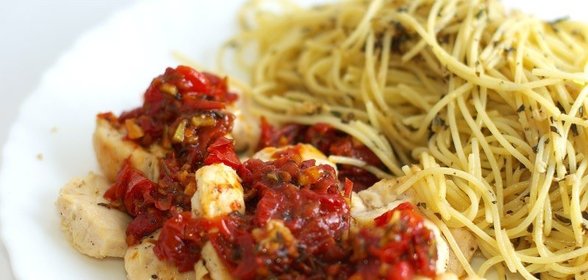 Спагетти с курицей и помидорами