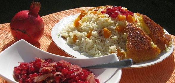 Плов с тыквой , корочкой газмах и гранатовым соусом ( Бораны Плов)