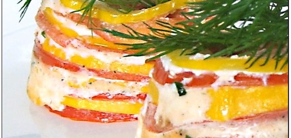 Тимбал с помидорами и кабачками