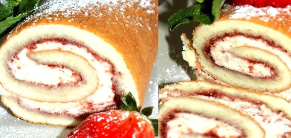 Бисквитный рулет с клубничным вареньем и взбитыми сливками