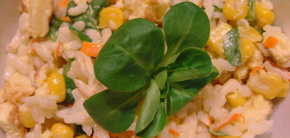 Вкусный салат на скорую руку из остатков риса, омлета, крабовых палочек