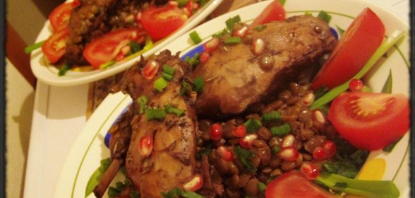 Кролик с чечевицей в гранатово-коньячном соусе!