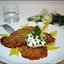 Картофельные оладьи с квашеной капустой и луковым творогом