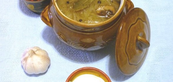 Вегетарианские щи с квашеной капустой, фасолью, свежими шампиньонами и сухими грибами, томленые в духовке