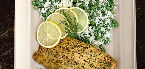 Лосось в горчичном маринаде с рисом