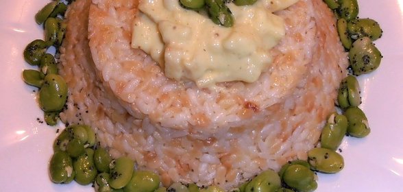 Тимбалло из риса и ризони с яблоками в карри и бобами