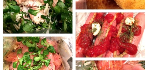 Куриное филе, шампиньоны с сыром и запеченые сосиски